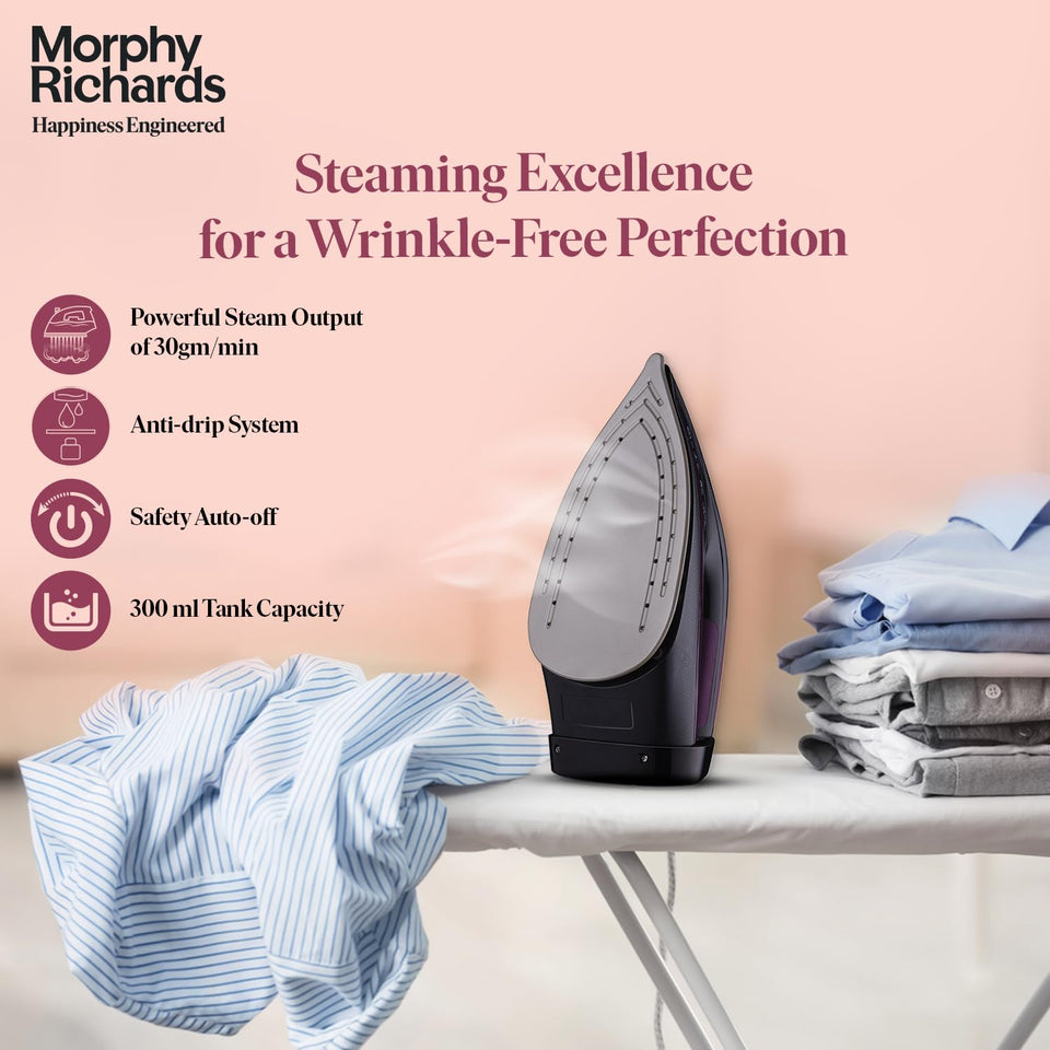 Morphy Richards 500082 steam iron soleplate standing upright beside shirts, with steam output, anti-drip, auto-off and 300 ml tank icons