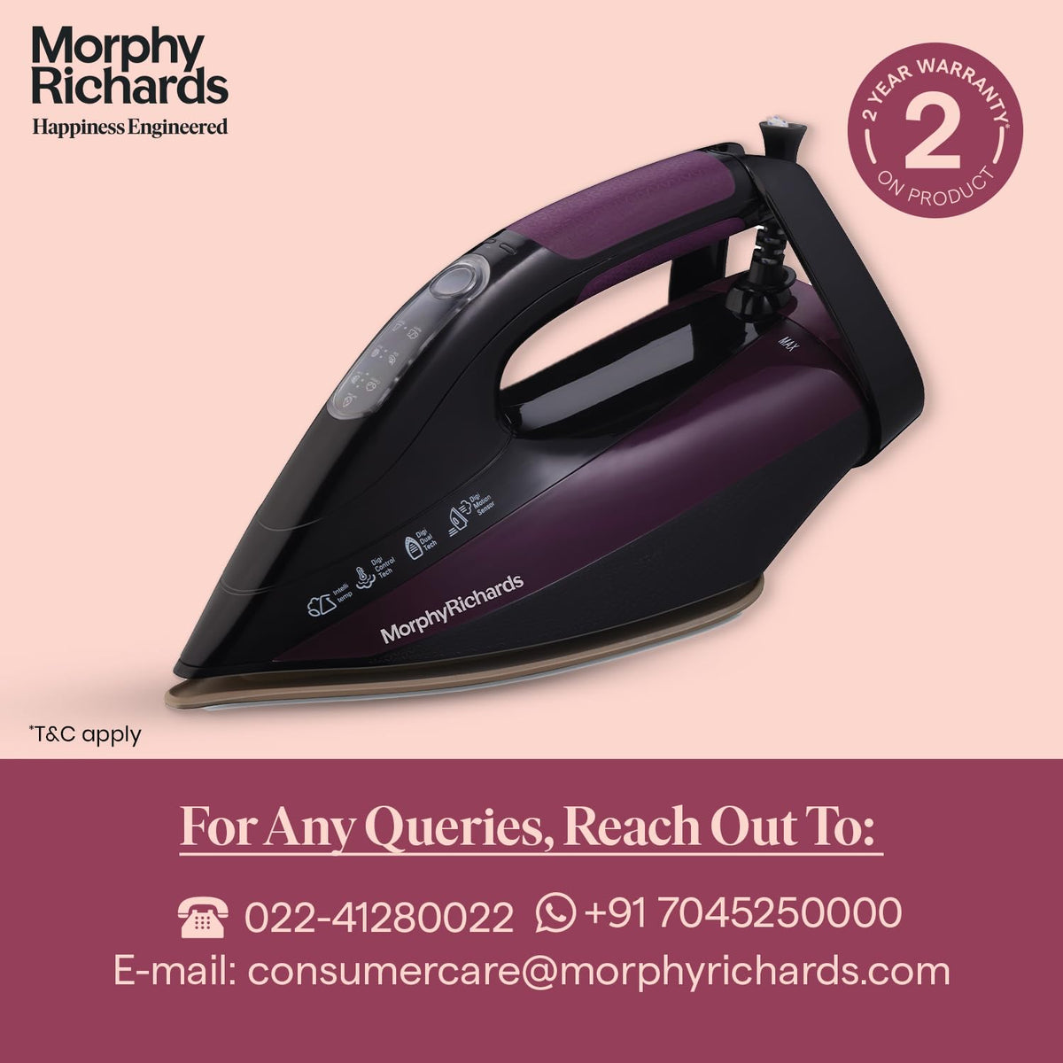 Morphy Richards 500082 Intellitemp steam iron with 2 year warranty badge and customer care contact details