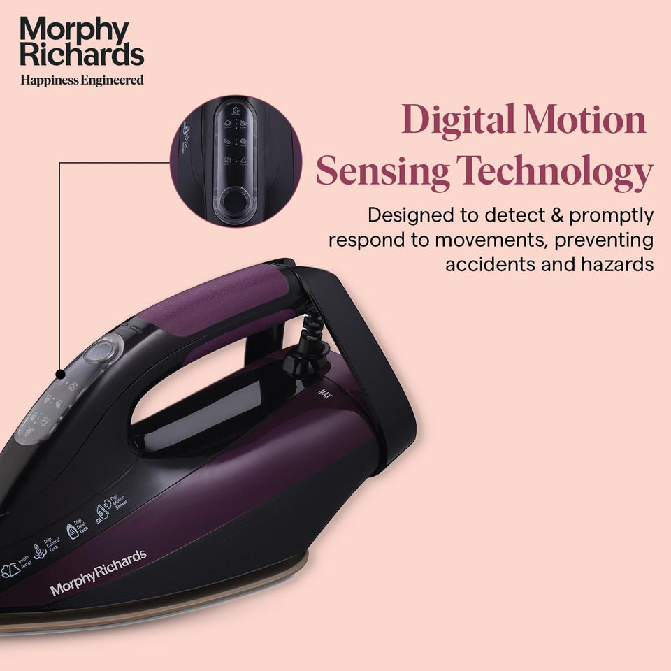 Morphy Richards 500082 steam iron with close-up of the digital motion sensing control panel