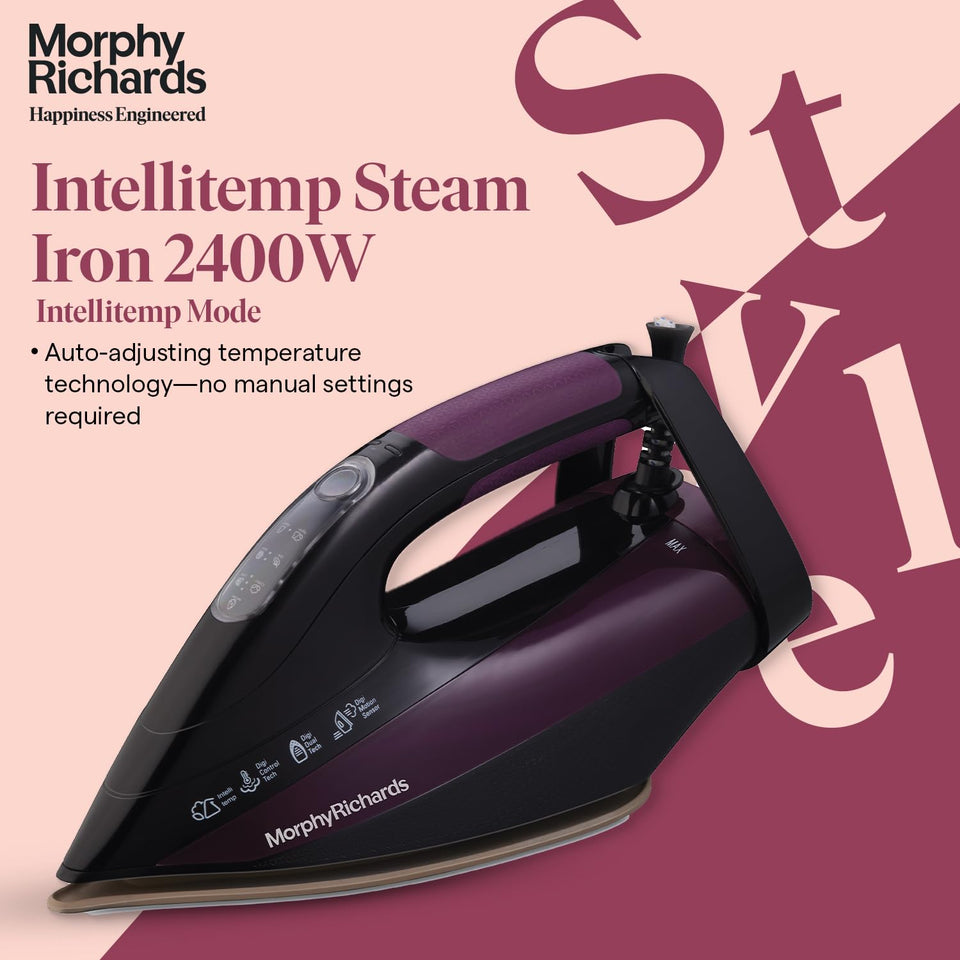 Morphy Richards 500082 Intellitemp Steam Iron with Intellitemp mode auto-adjusting temperature text on a pink and maroon backdrop