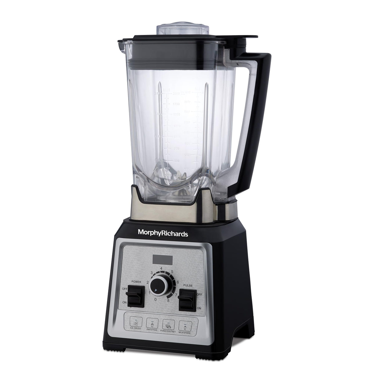 Morphy Richards Storm Blend 1000W blender angled view showing jar markings and control panel