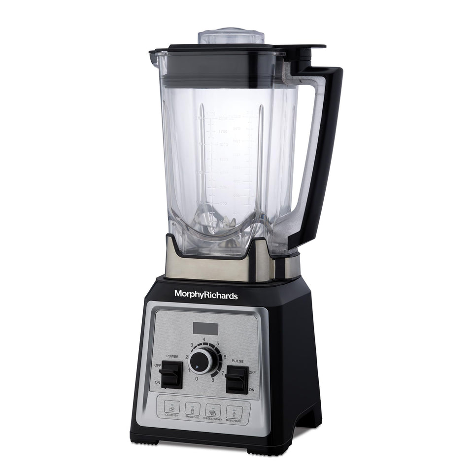Morphy Richards Storm Blend 1000W blender angled view showing jar markings and control panel