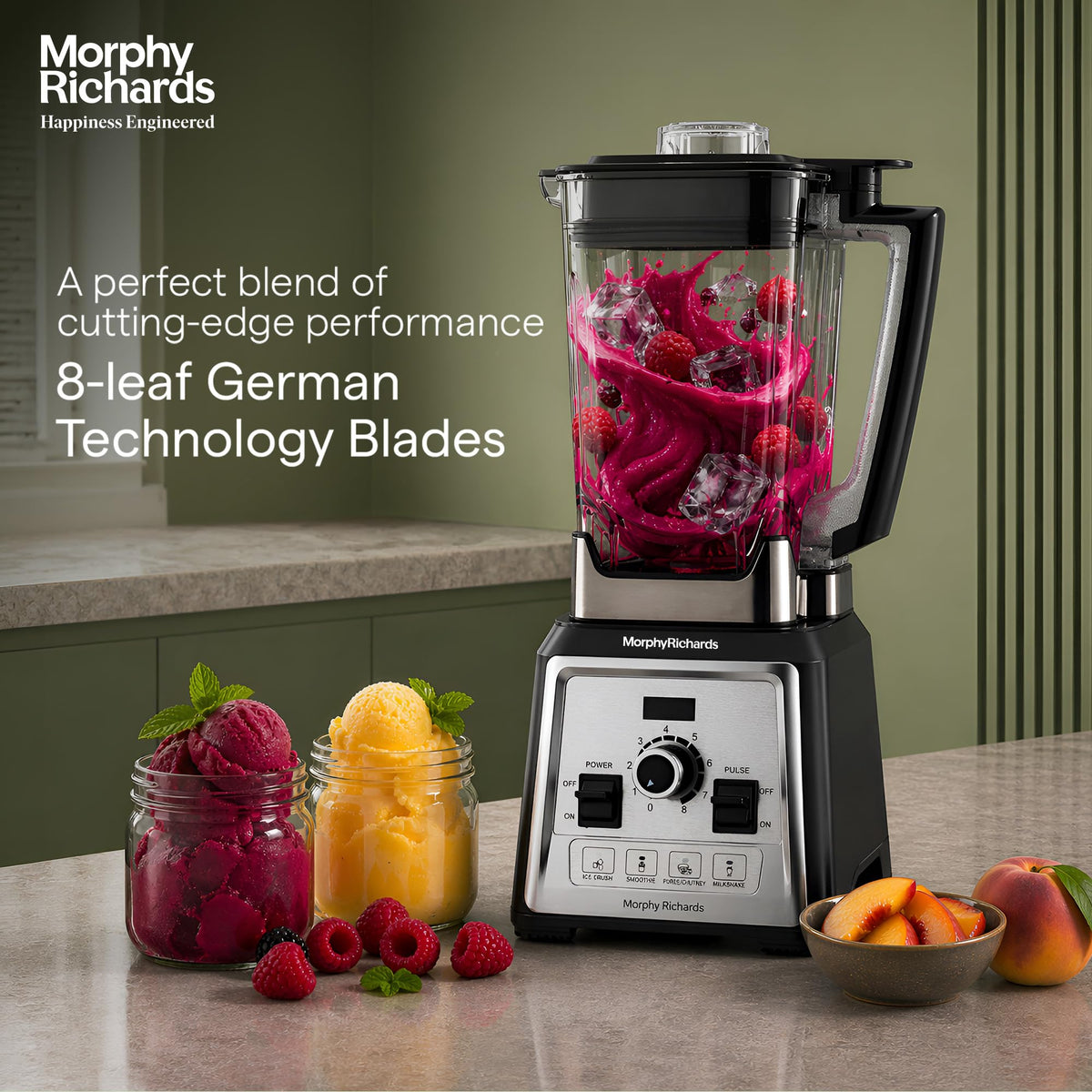 Morphy Richards Storm Blend 1000W blender crushing berries and ice, with sorbets alongside