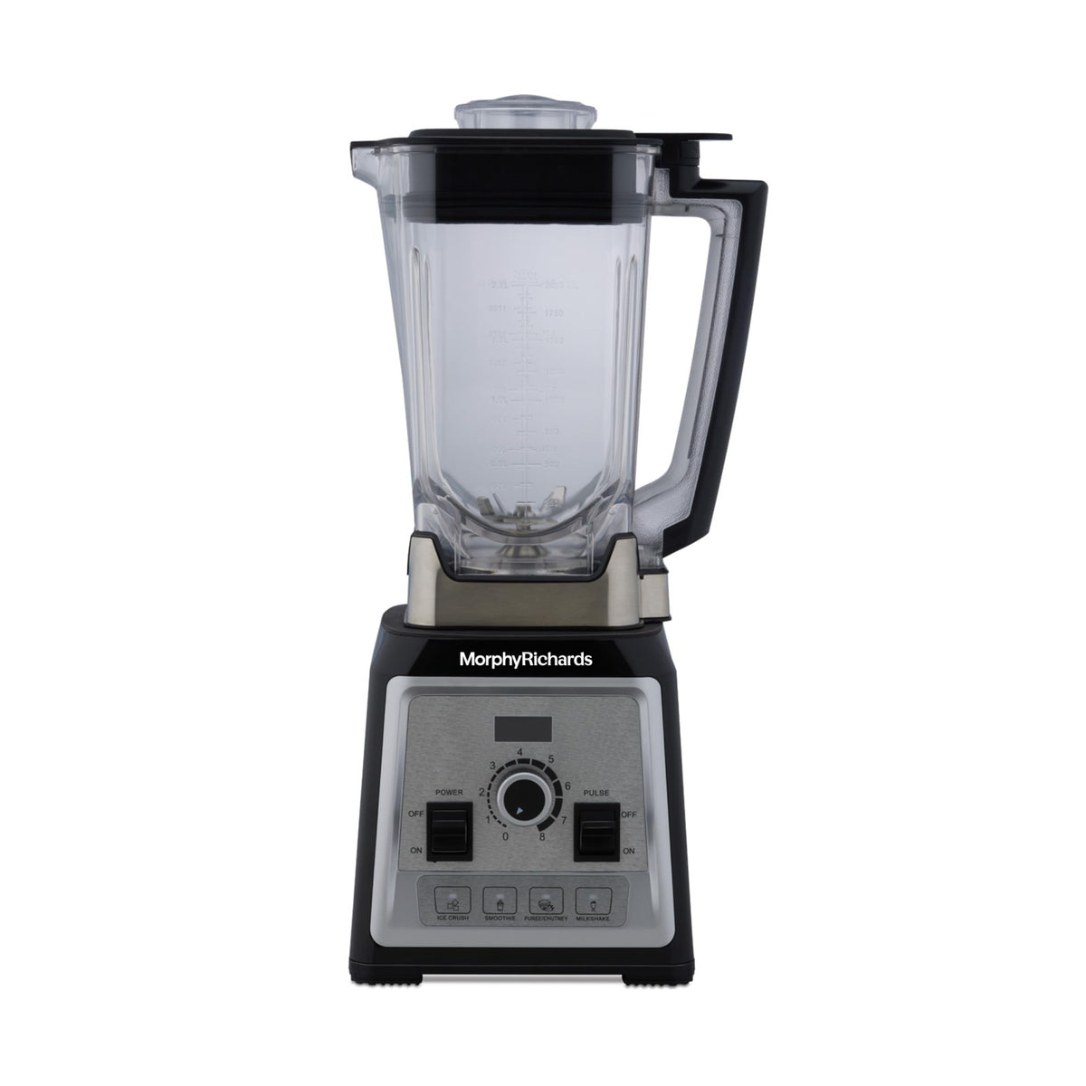 Morphy Richards Storm Blend 1000W table blender front view with 2 L jar and control panel