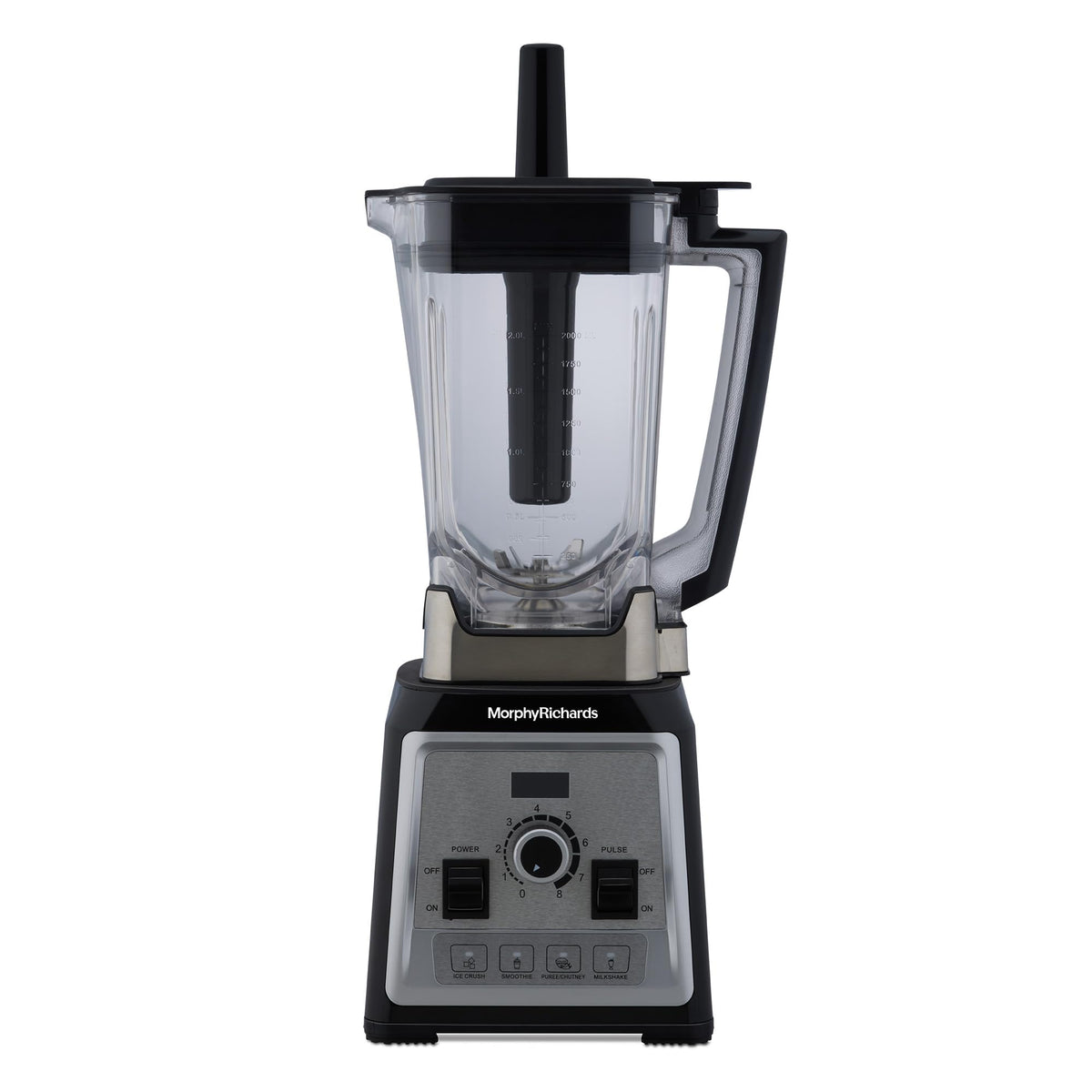 Morphy Richards Storm Blend 1000W blender with pusher inserted through the jar lid