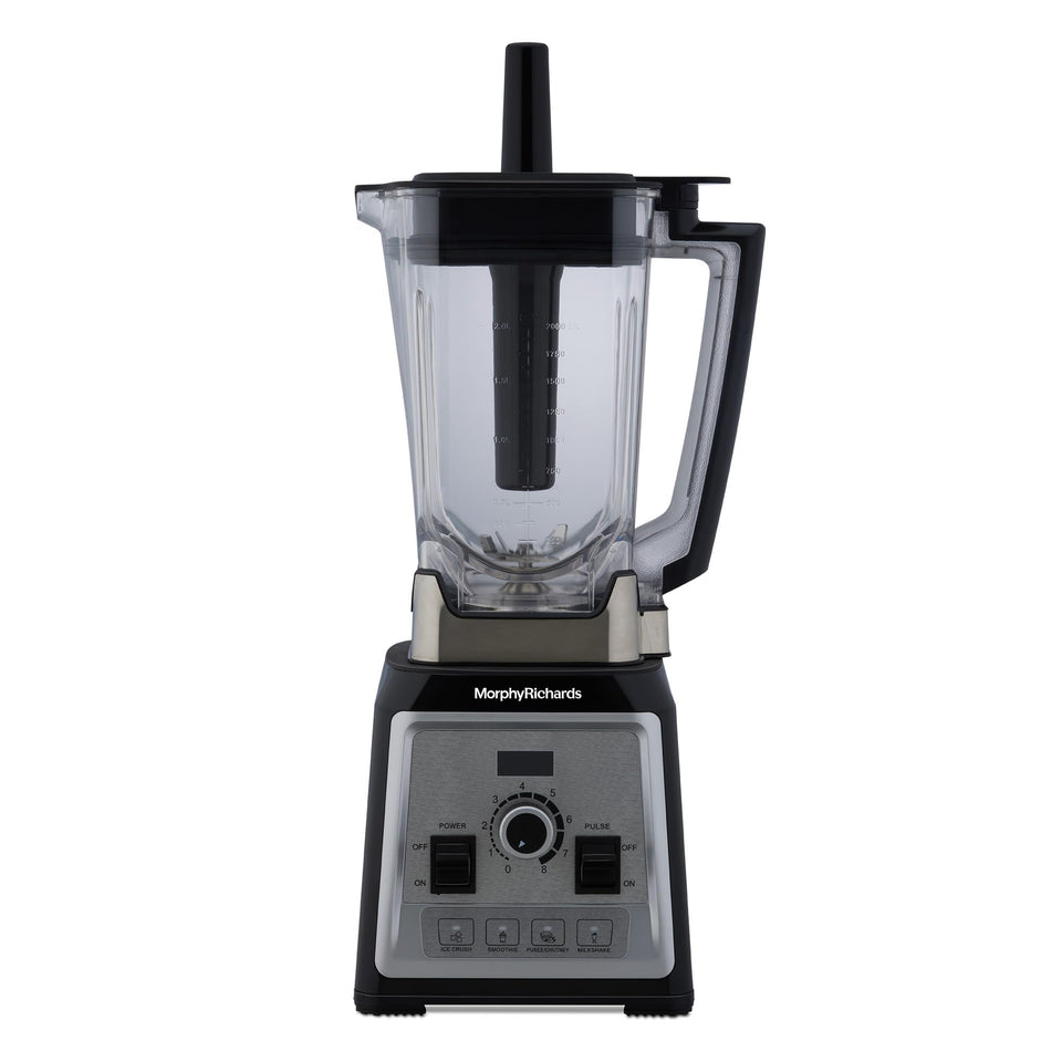 Morphy Richards Storm Blend 1000W blender with pusher inserted through the jar lid