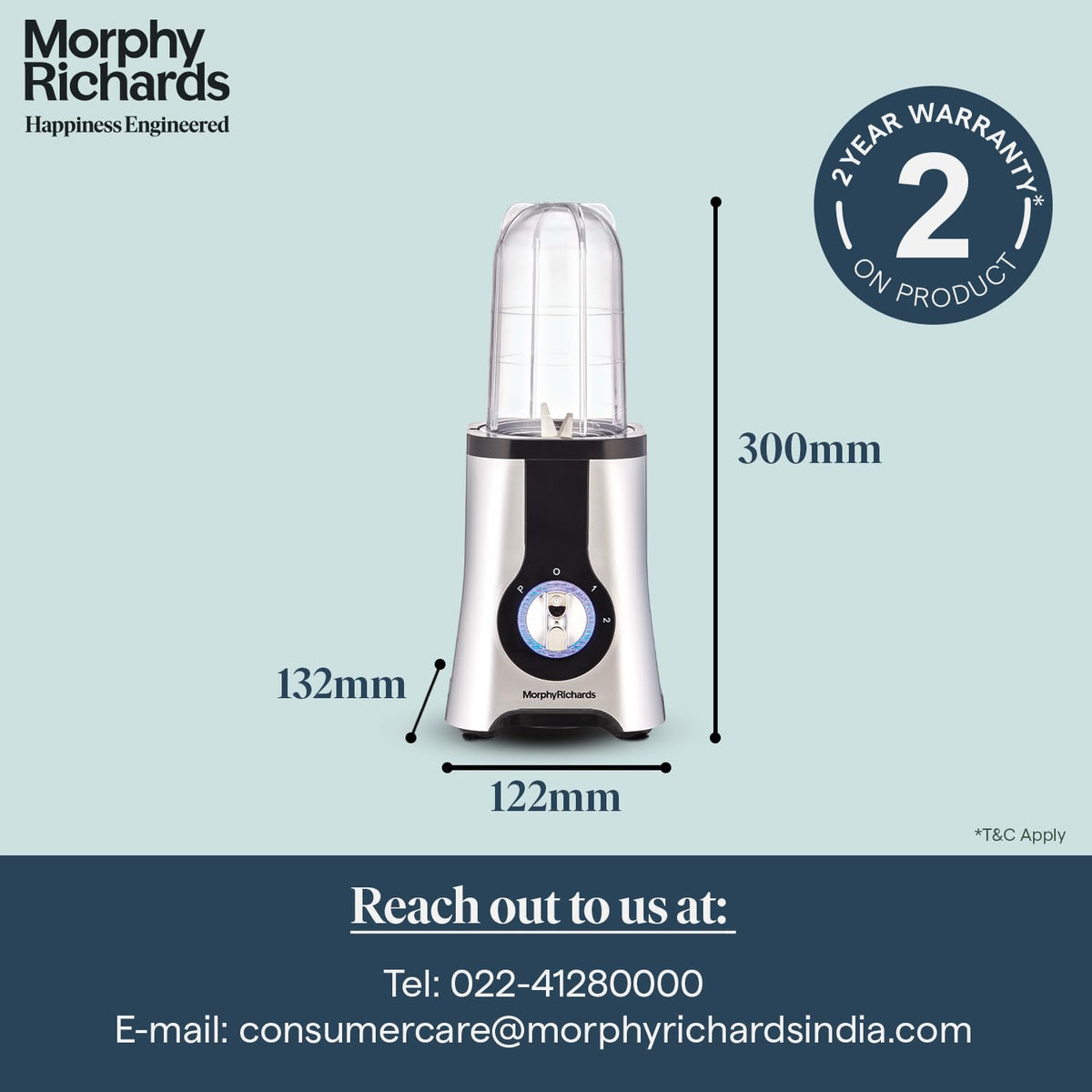 Morphy Richards 4 in 1 BlendMaster with dimensions, 2-year warranty badge and customer care contact details