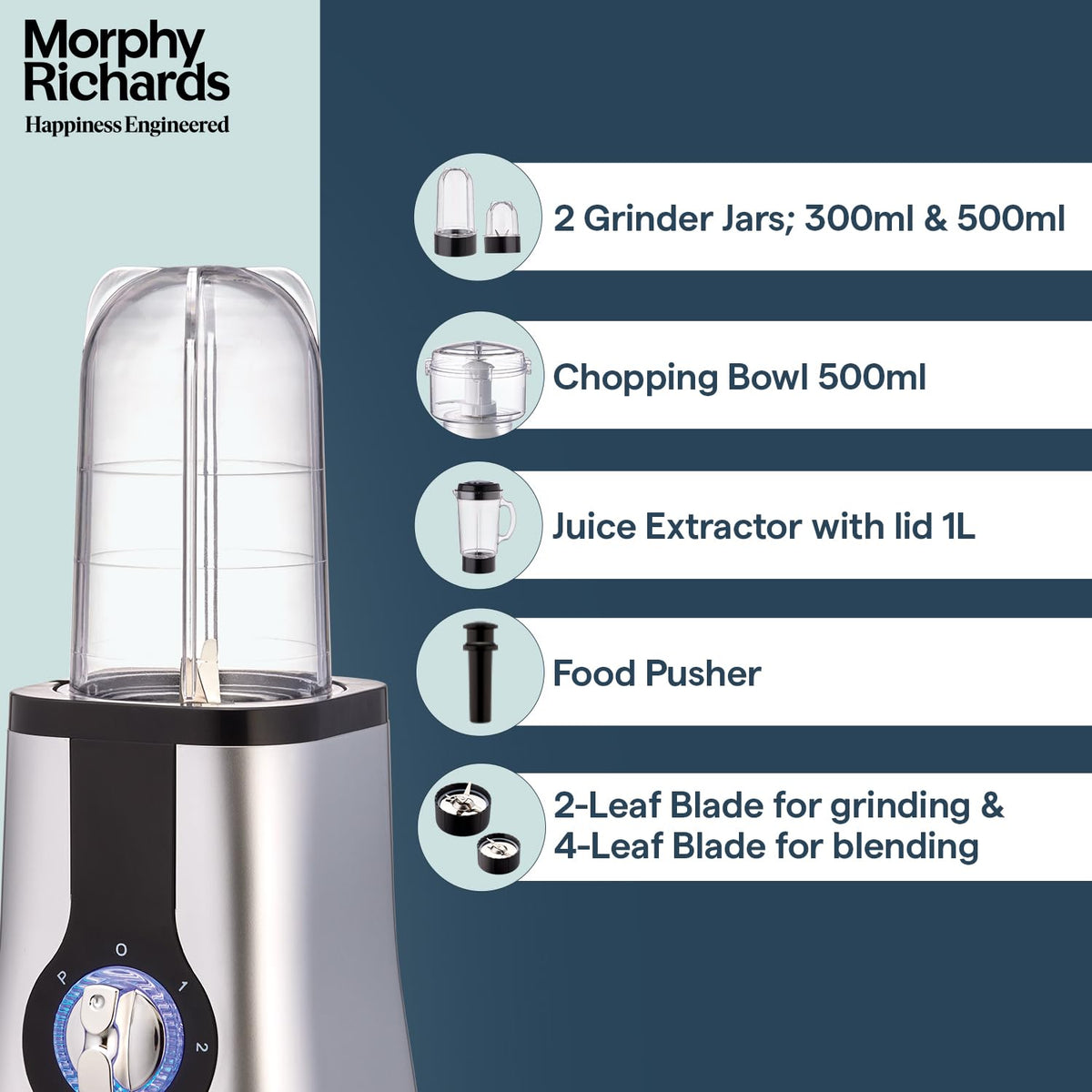 Morphy Richards 4 in 1 BlendMaster attachment list: grinder jars, chopping bowl, juicer extractor, food pusher and blades