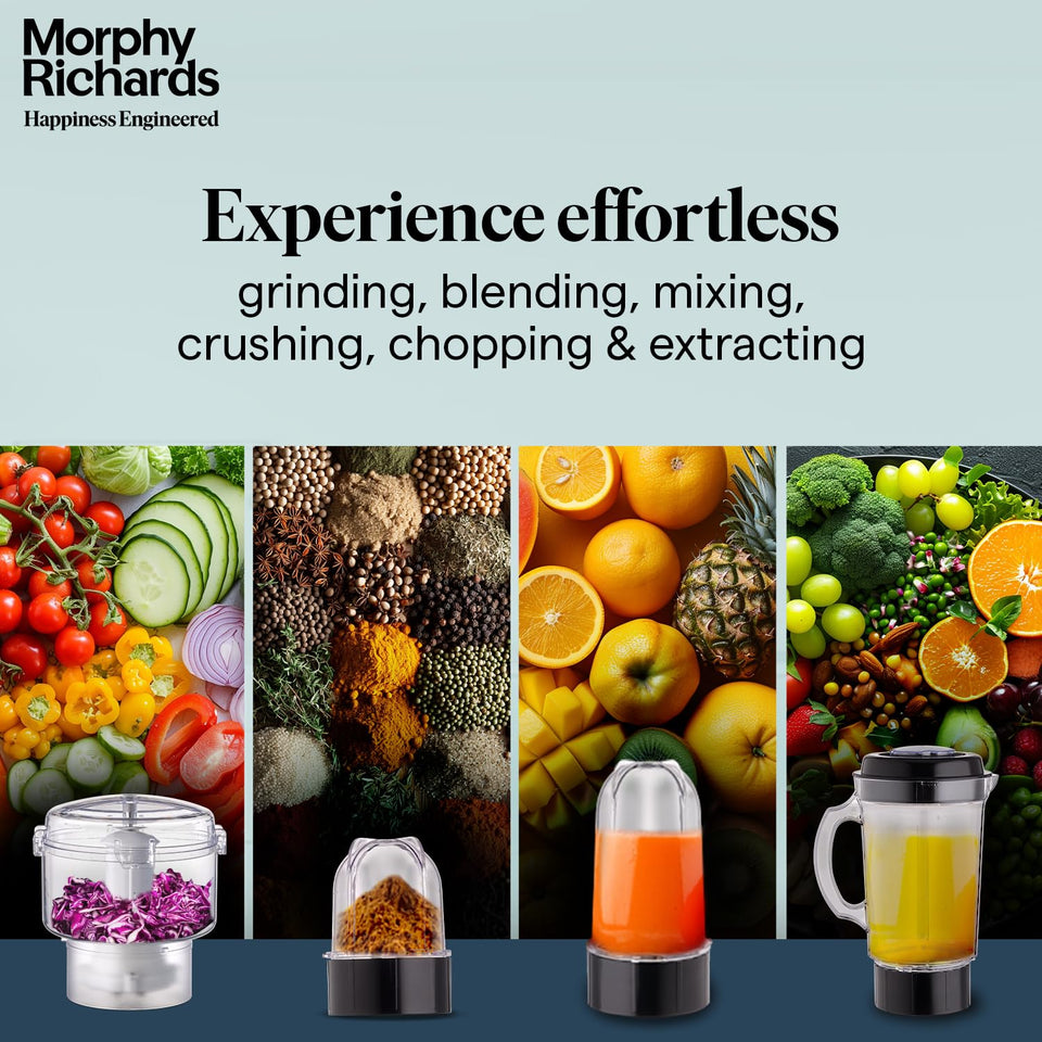 Morphy Richards 4 in 1 BlendMaster jars showing chopping, spice grinding, juice blending and extracting uses