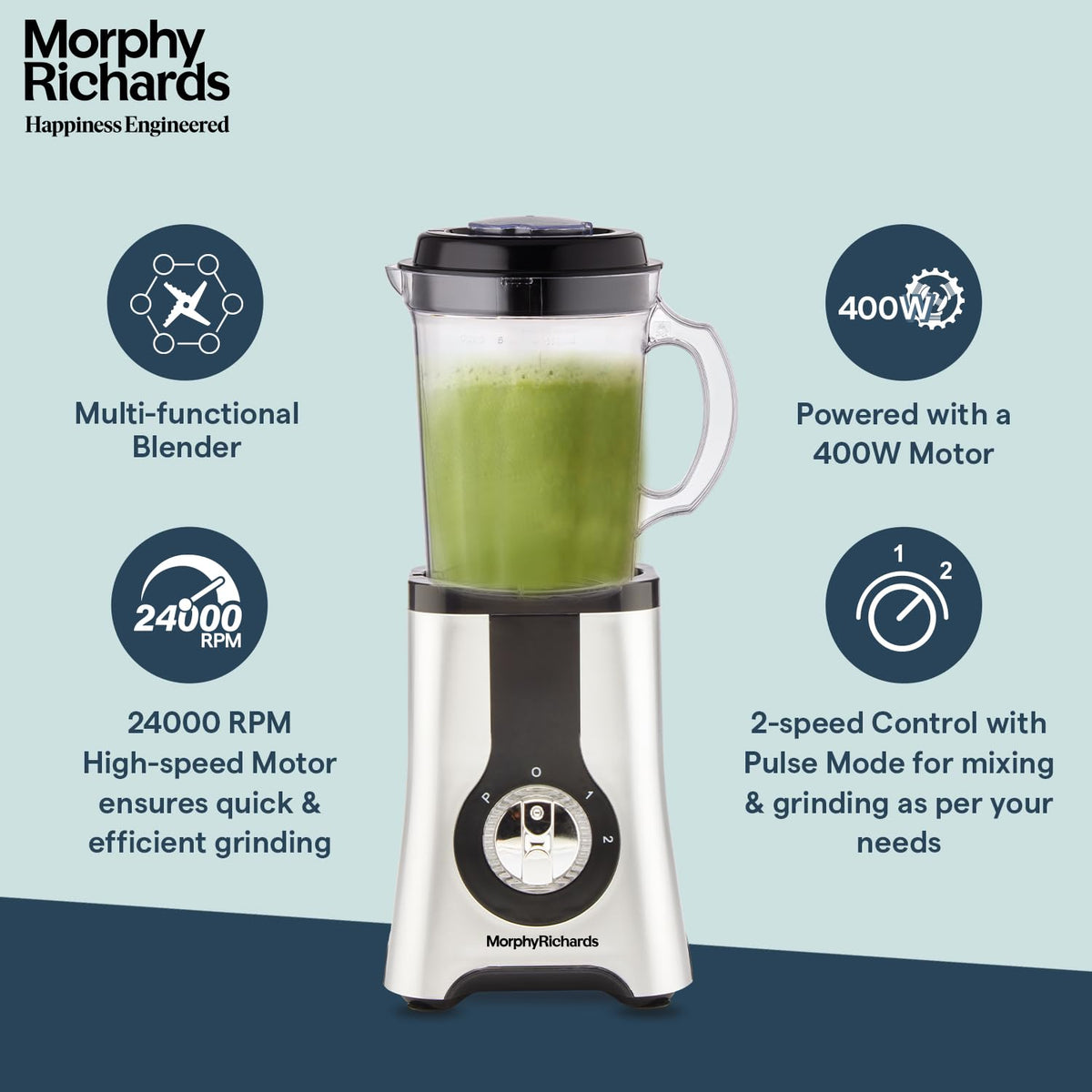 Morphy Richards 4 in 1 BlendMaster with 1 L jar of green smoothie and 400W, 24000 RPM and 2-speed pulse callouts