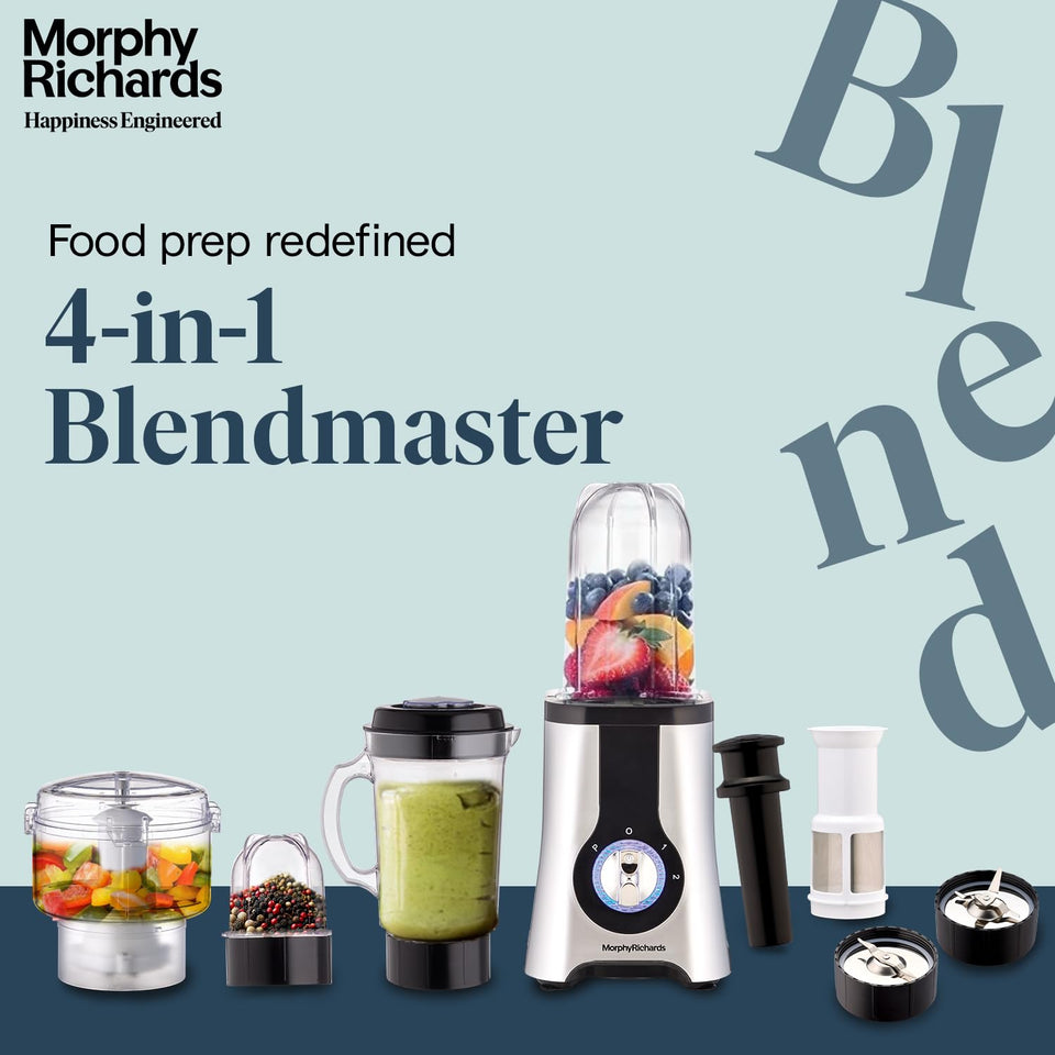 Morphy Richards 4 in 1 BlendMaster blender with all attachments, filled with fruit, smoothie, vegetables and spices