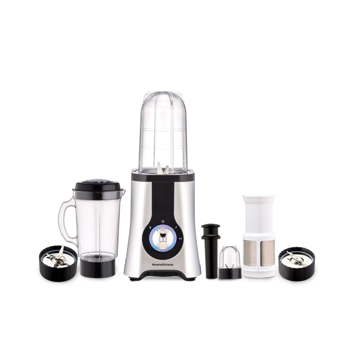 Morphy Richards 4 in 1 BlendMaster table blender with motor base, grinder jars, chopping bowl, 1 L jar, food pusher and blades on white