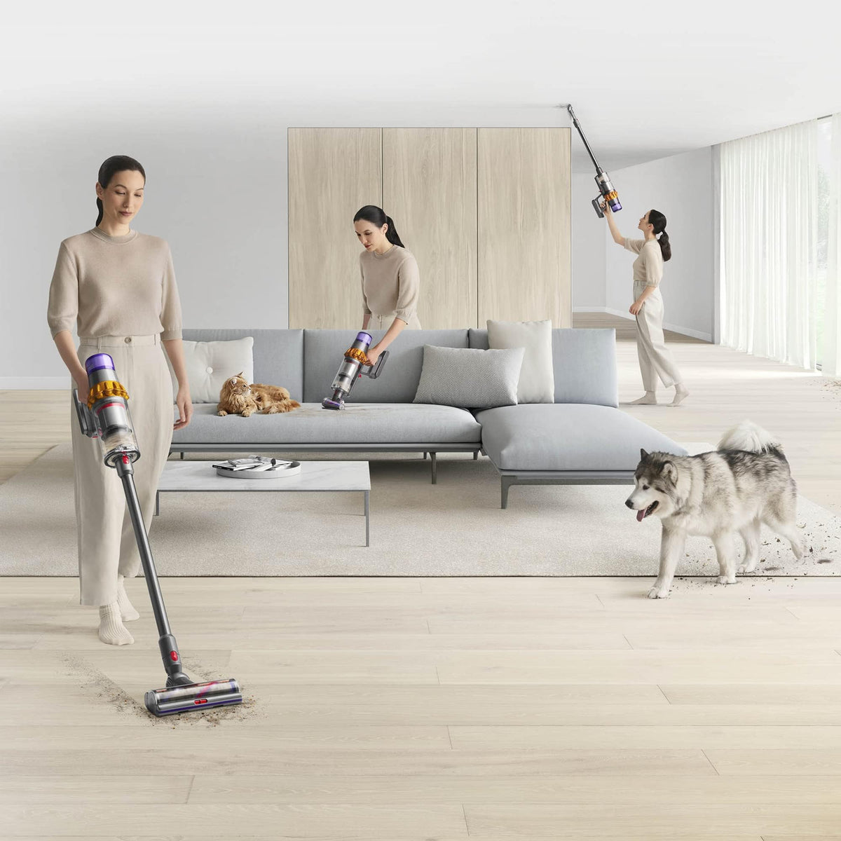 Dyson V15 Detect 381356-01 used to clean the floor, a sofa and a high ceiling edge in a living room with a cat and a dog
