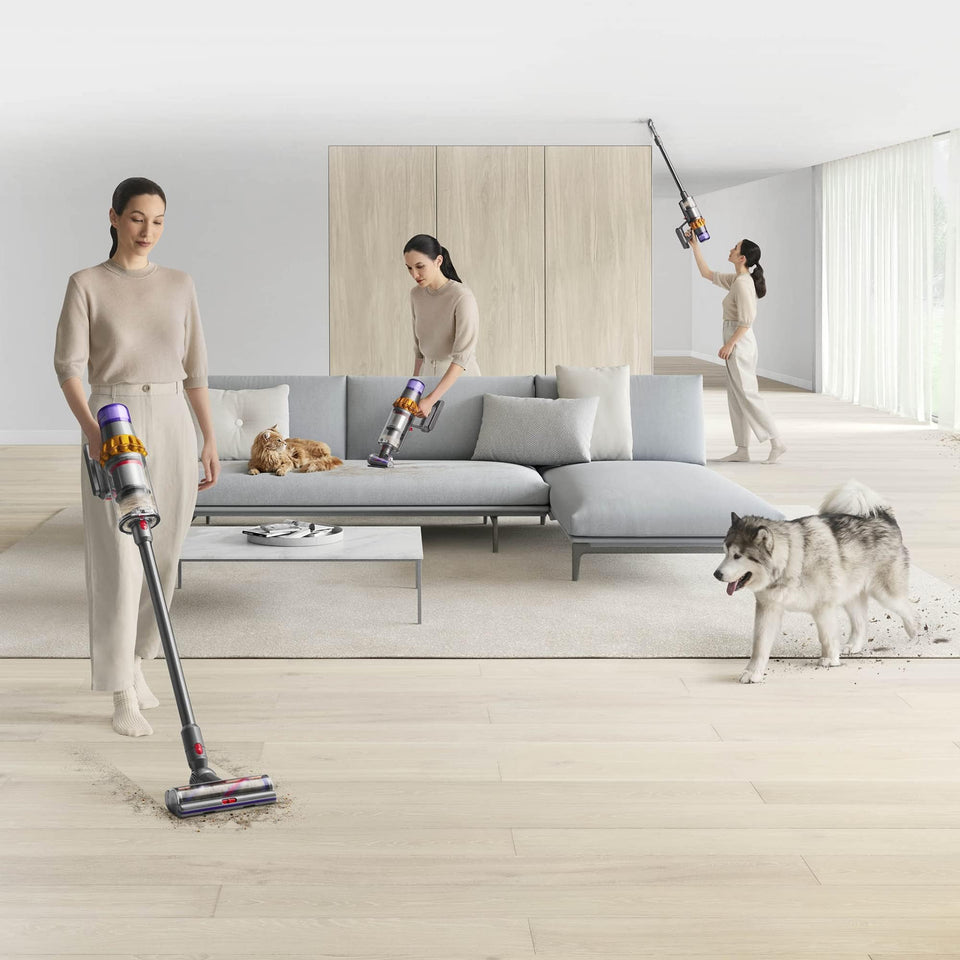 Dyson V15 Detect 381356-01 used to clean the floor, a sofa and a high ceiling edge in a living room with a cat and a dog