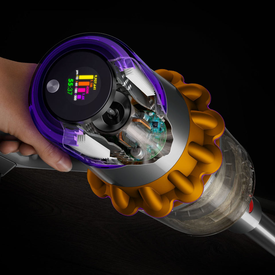 Cutaway view of the Dyson V15 Detect 381356-01 showing the LCD screen, internal motor, filter and bin