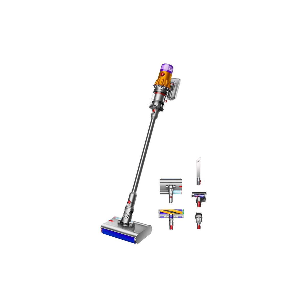 Dyson 448793-01 V12s Detect Slim Submarine cordless vacuum with Submarine wet roller head, wall dock and five tools shown alongside
