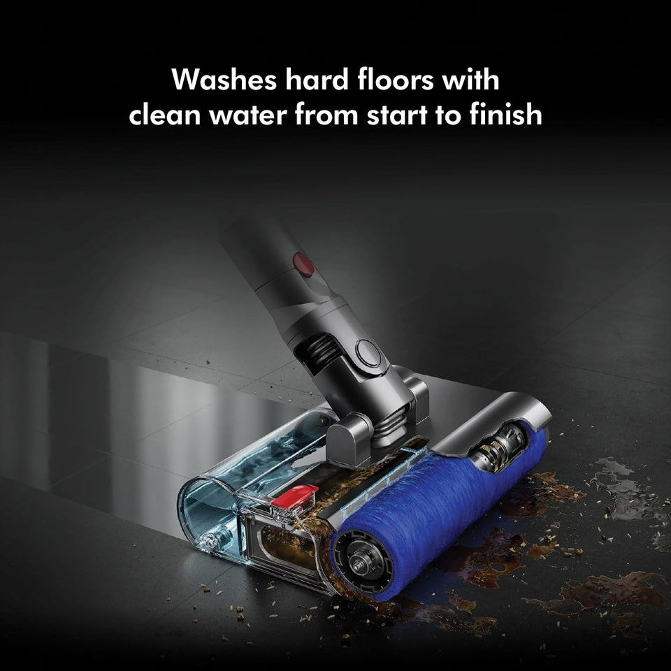 Dyson 448793-01 Submarine wet roller head washing a dark hard floor with clean water and lifting spills and debris