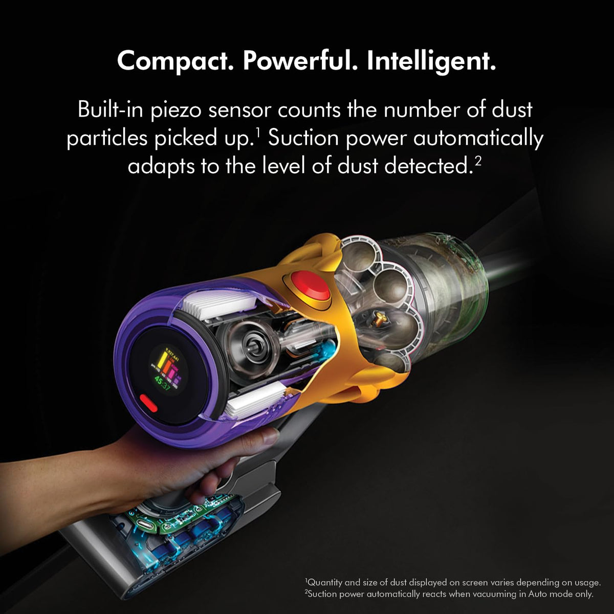 Dyson 448793-01 V12s Detect Slim cutaway showing the piezo sensor and LCD screen displaying dust particle counts