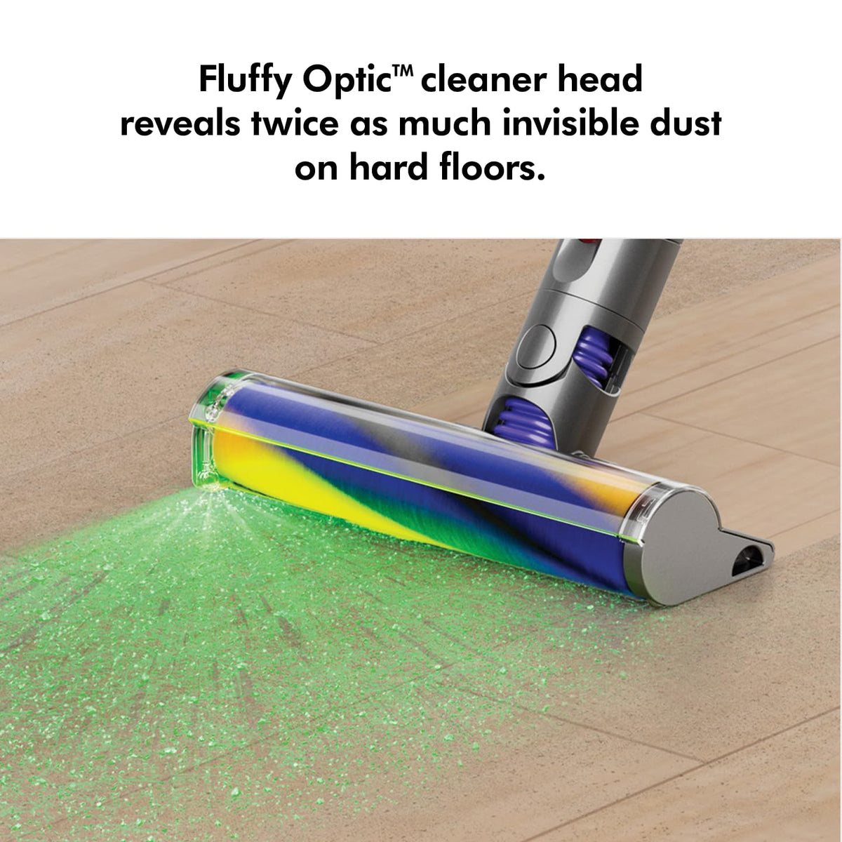 Dyson 448793-01 Fluffy Optic cleaner head with green light revealing fine dust on a hard floor