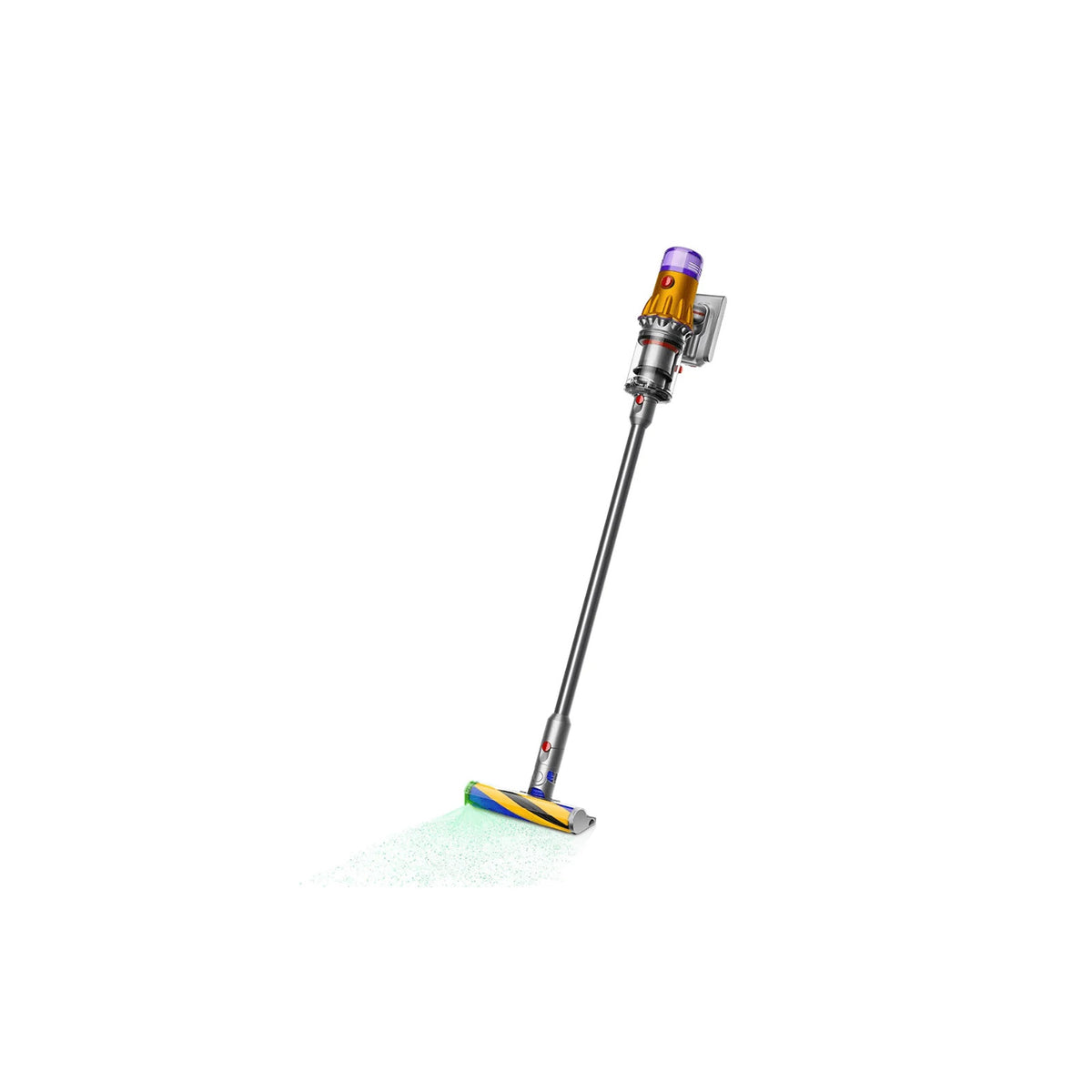 Dyson 381355-01 V12 Detect Slim Total Clean cordless vacuum cleaner in yellow, shown on a wall dock with a green light on the cleaner head