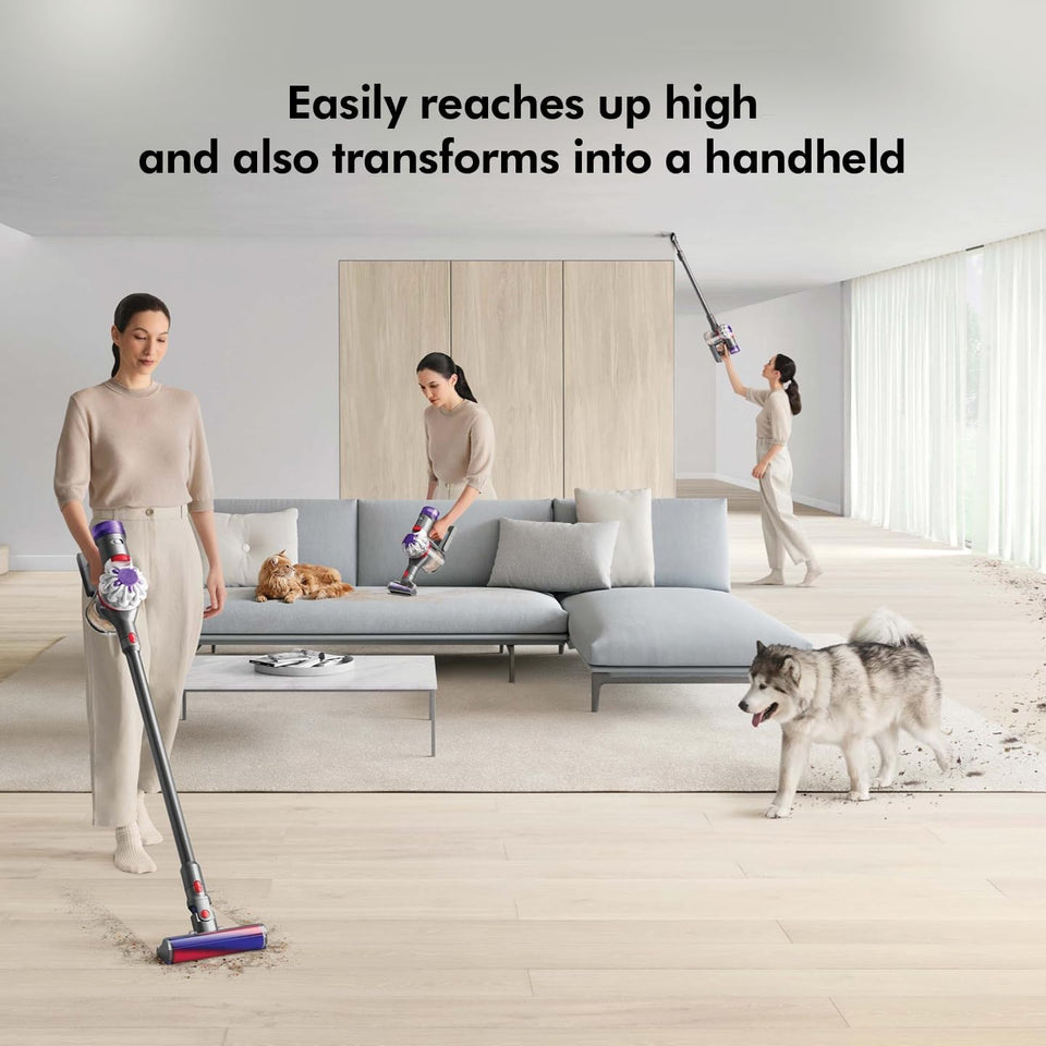 Dyson V8 Absolute in use on floor, sofa and high ceiling areas, converting to a handheld