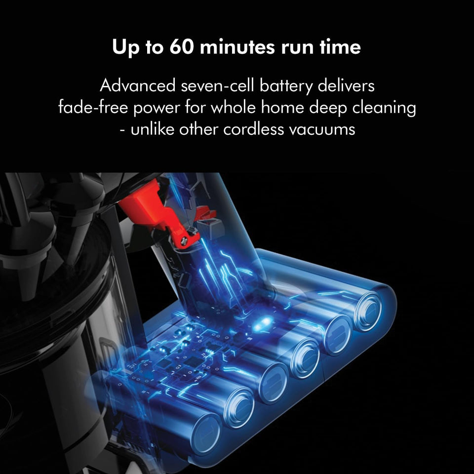 Dyson V8 Absolute battery graphic showing seven-cell battery with up to 60 minutes run time