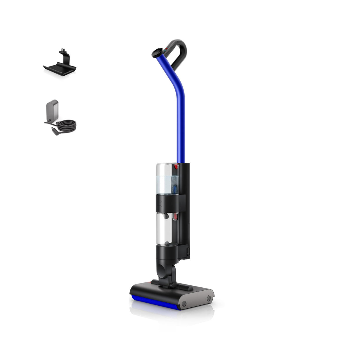 Dyson WashG1 492608-01 wet floor cleaner in blue and black with its charging dock and power adapter shown alongside