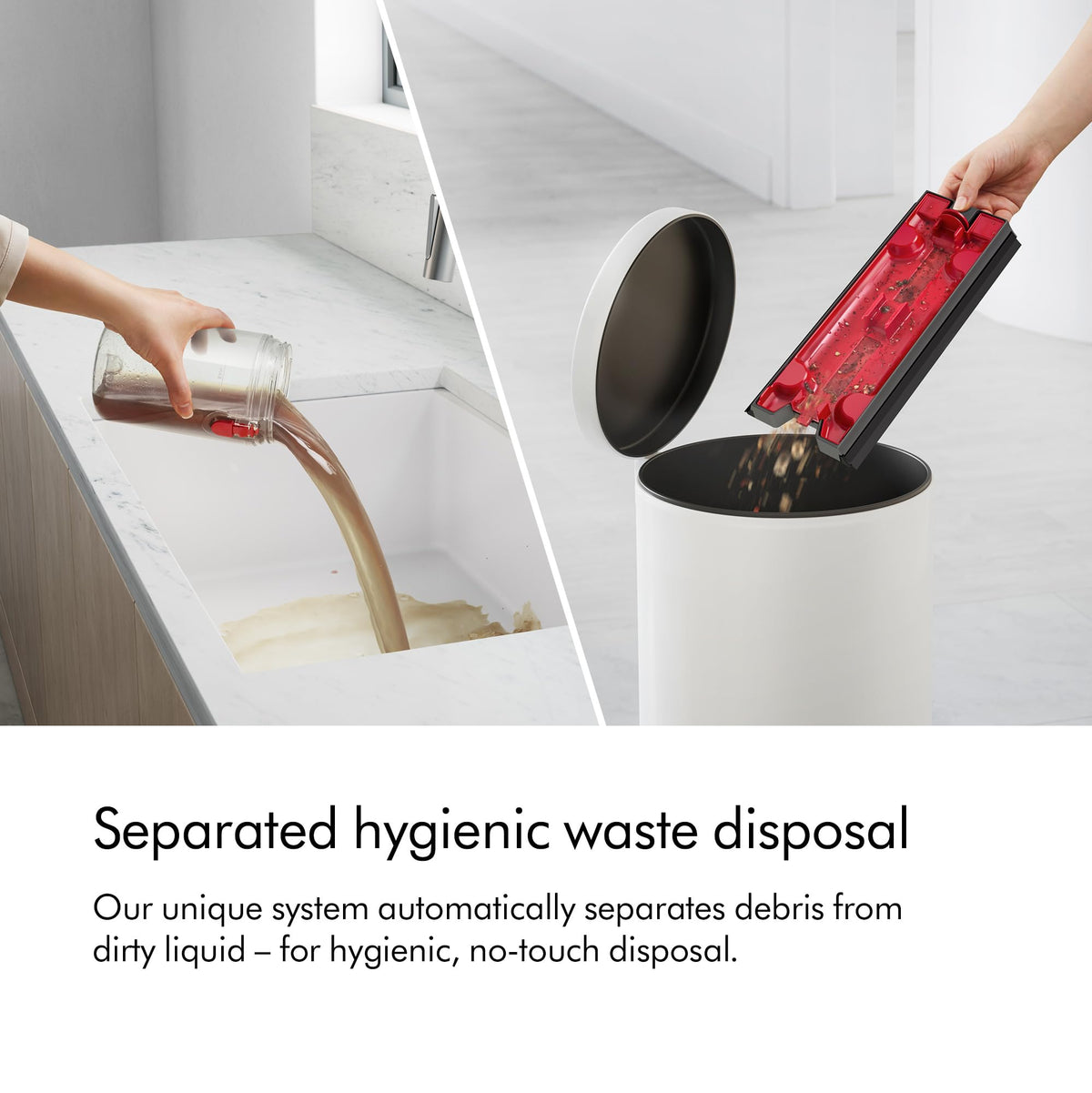 Dyson WashG1 492608-01 dirty liquid being poured into a sink and debris tray emptied into a bin