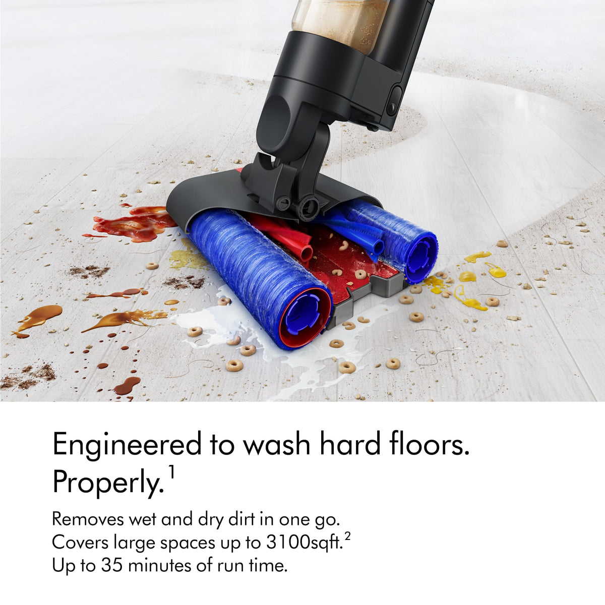 Dyson WashG1 492608-01 cleaner head with motorised rollers picking up spills and cereal on a hard floor