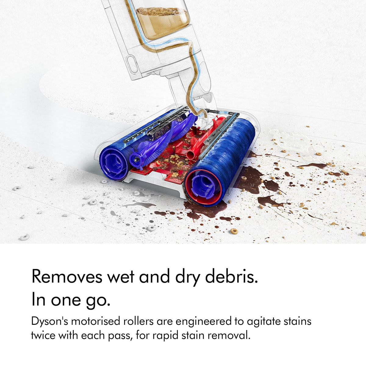 Cutaway view of Dyson WashG1 492608-01 rollers and debris path removing wet and dry mess
