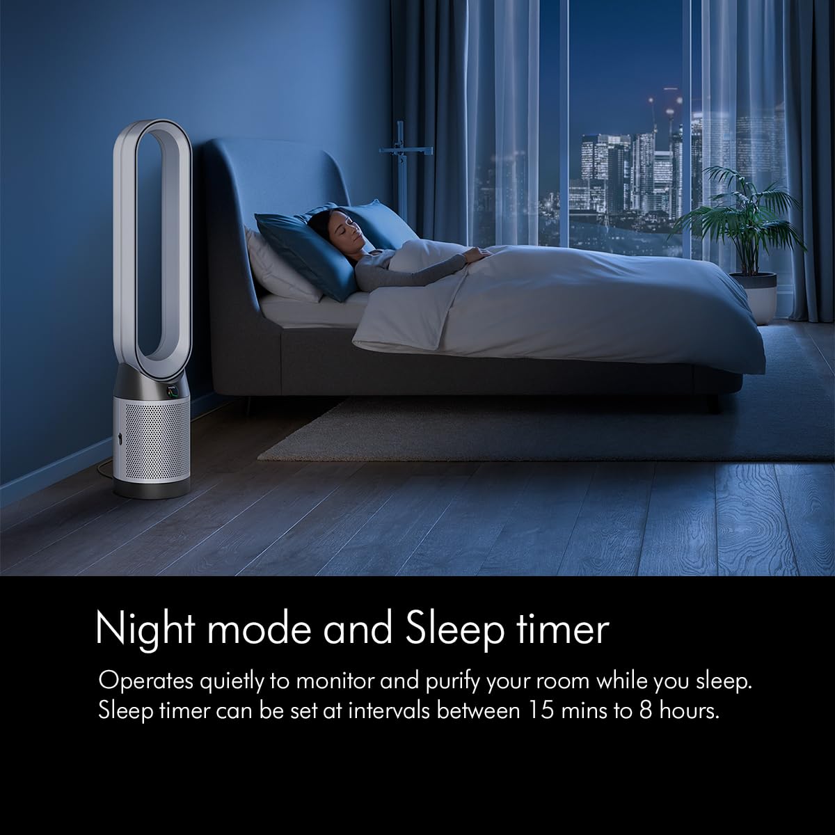 Dyson TP10 Purifier Cool Gen1 air purifier running in a bedroom at night with night mode and sleep timer