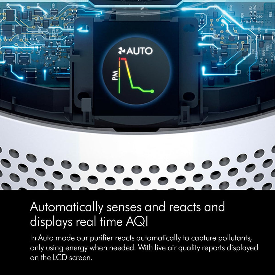 Dyson TP10 Purifier Cool Gen1 LCD screen in Auto mode showing a real-time air quality graph
