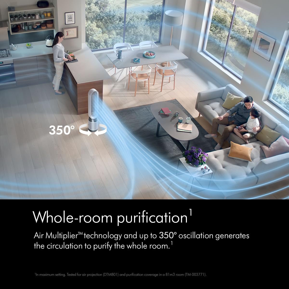 Dyson TP10 Purifier Cool Gen1 air purifier in a living space with 350° oscillation and airflow shown around the room