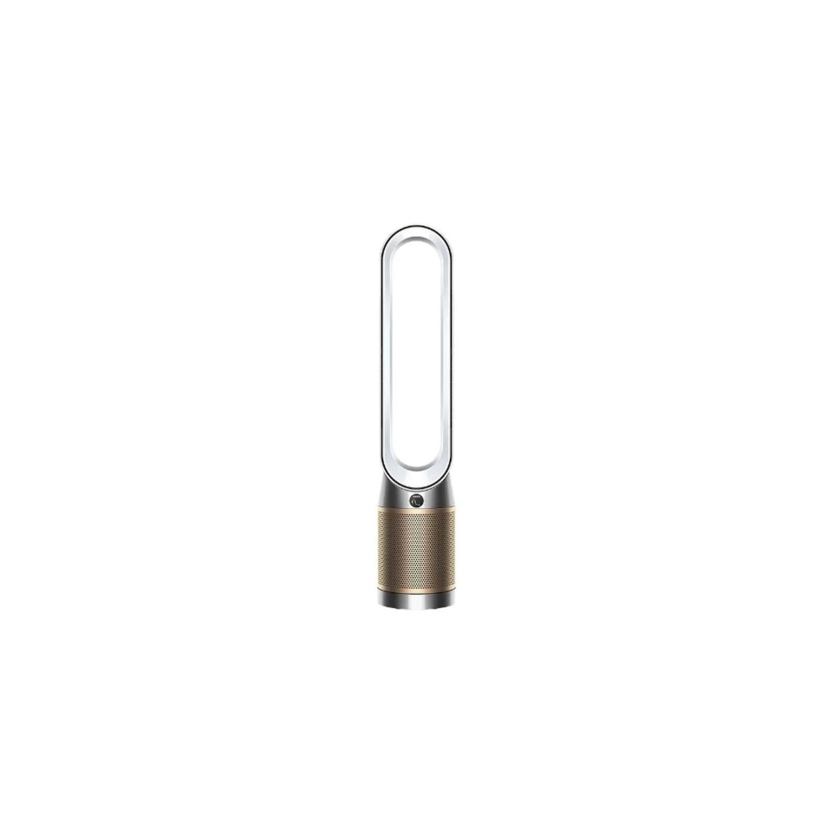 Dyson Purifier Cool Formaldehyde TP09 air purifier and fan in White/Gold, front view of the tower with oval loop and gold base