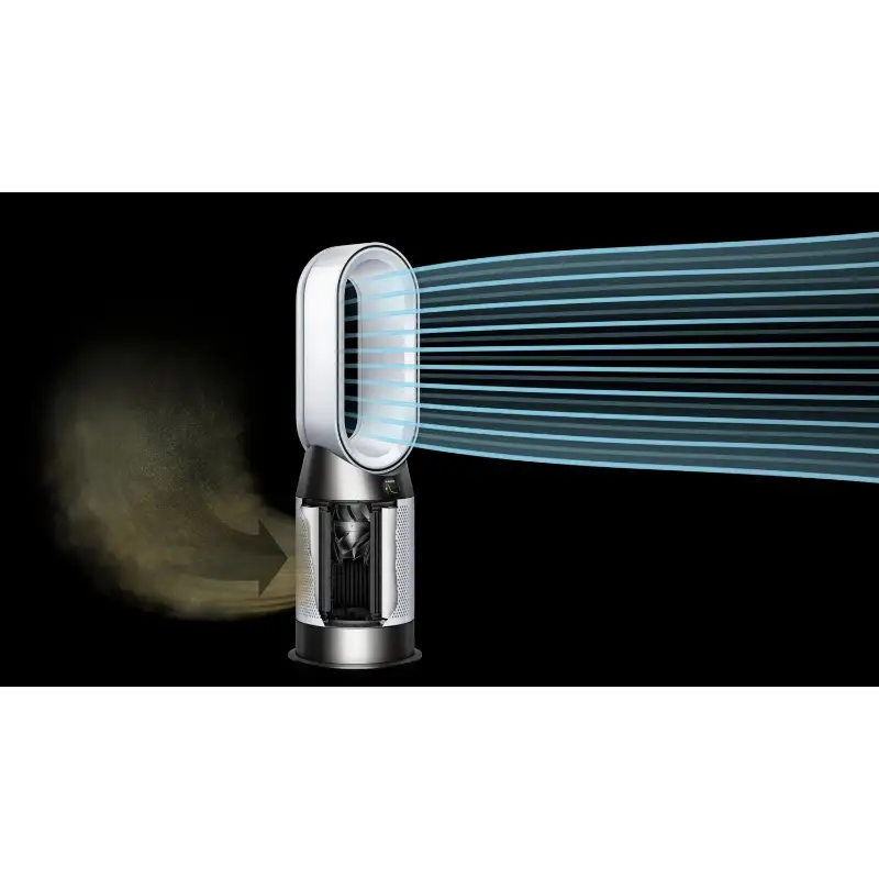 Dyson Purifier Hot+Cool HP10 462939-01 with dusty air drawn in at the base and clean airflow projected from the loop