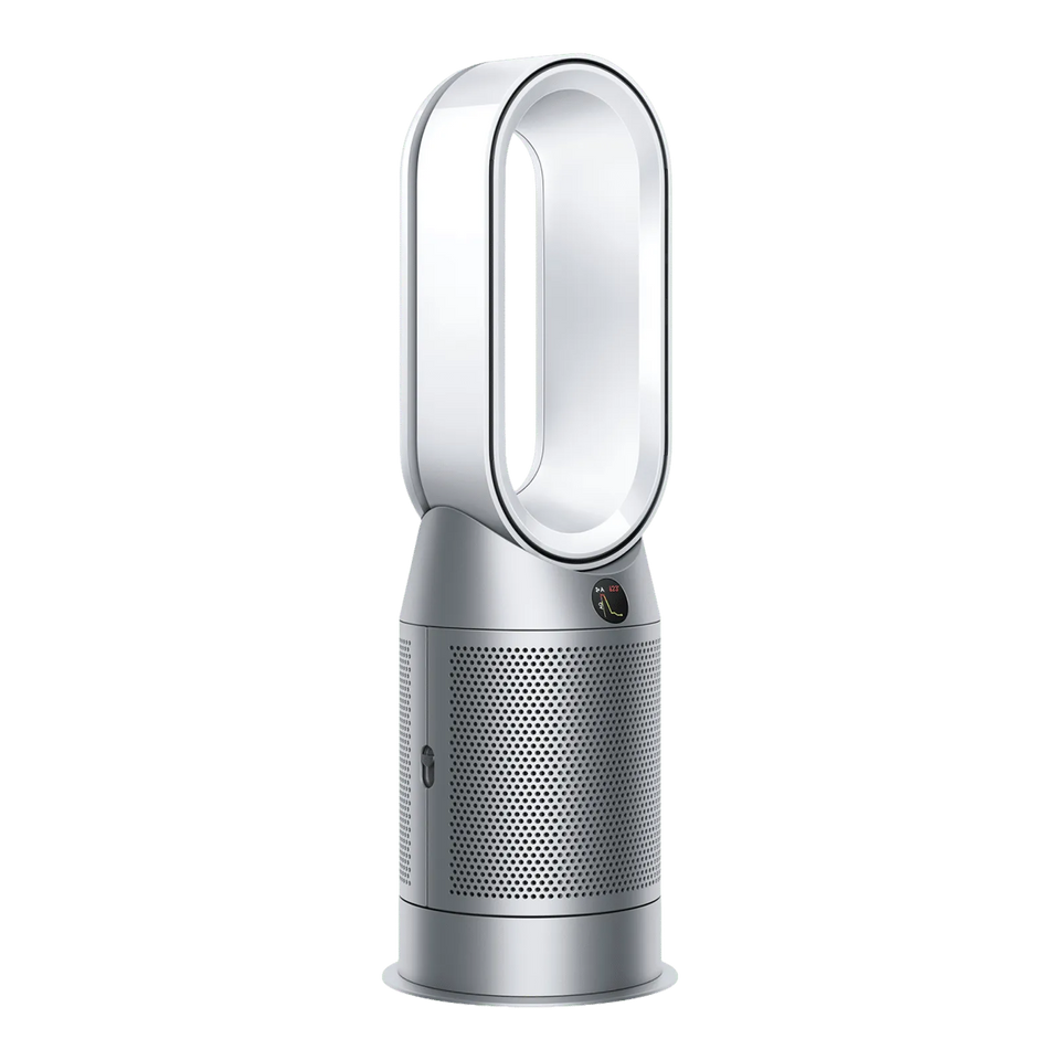 Dyson Purifier Hot+Cool HP11 529188-01 angled side view showing the loop, display and perforated silver body