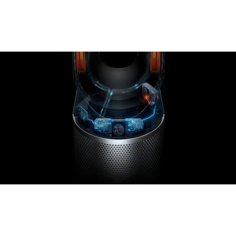 Cutaway of the Dyson HP07 Purifier Hot+Cool showing internal electronics, heating elements and the display