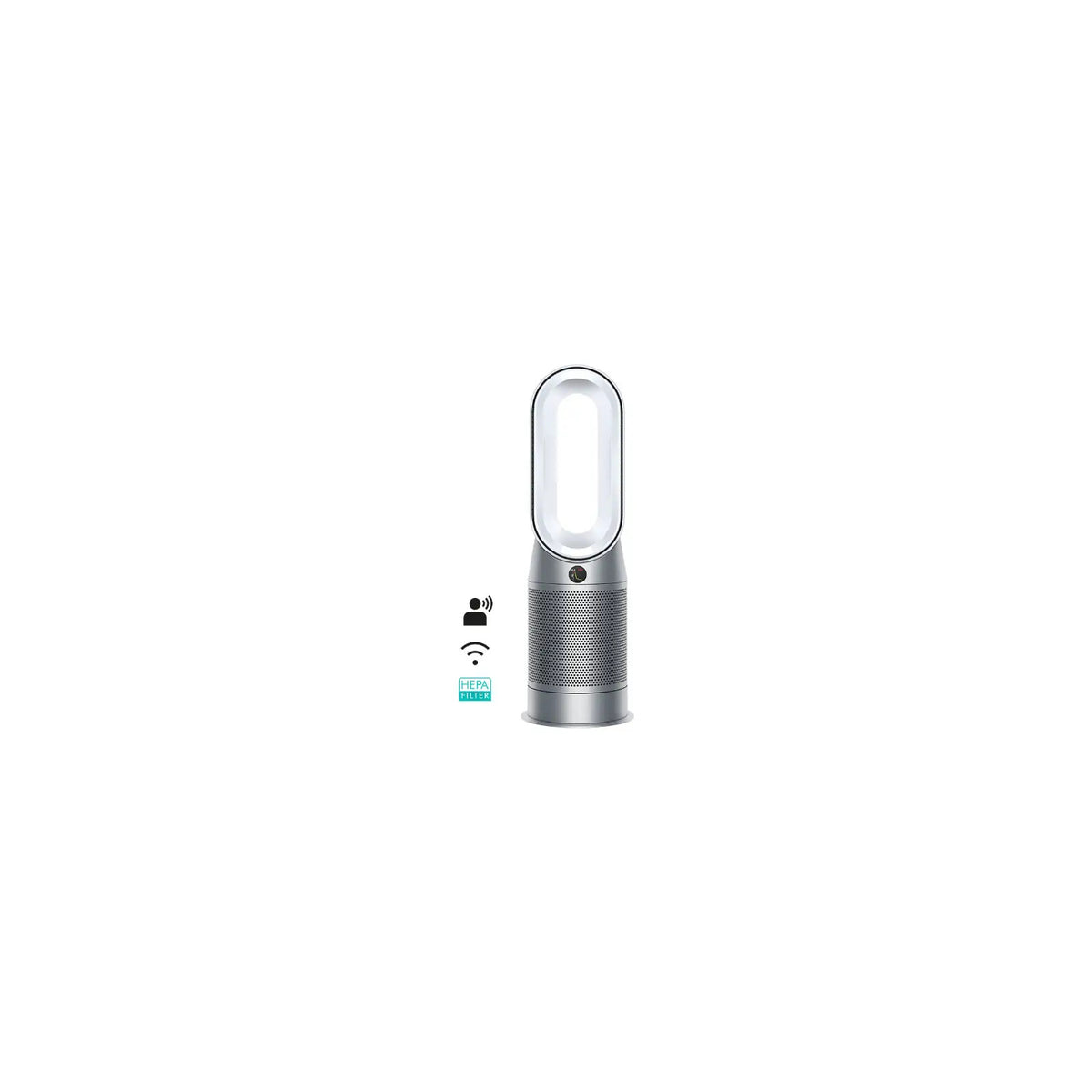 Dyson HP07 368886-01 Purifier Hot+Cool in White/Silver with voice control, Wi-Fi and HEPA filter icons