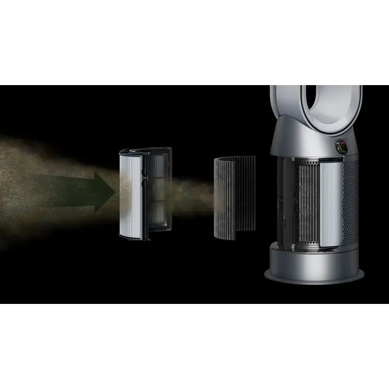 Dyson HP07 Purifier Hot+Cool with its HEPA and carbon filters pulled out, showing air passing through them