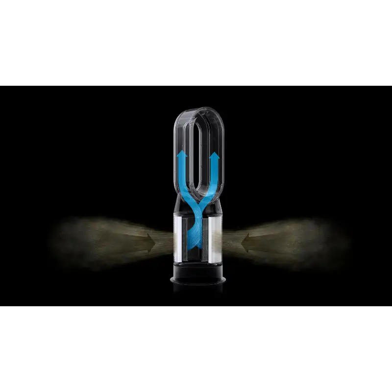 Dyson HP07 Purifier Hot+Cool airflow diagram showing air drawn in from both sides and projected up through the loop