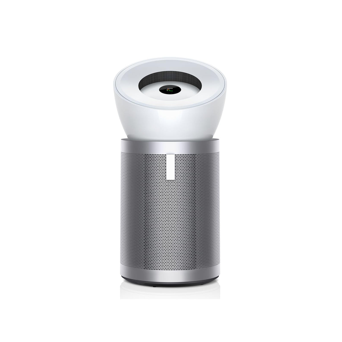Dyson Big+Quiet BP02 410618-01 air purifier in White/Silver with a perforated silver body and white top with display, on a white background