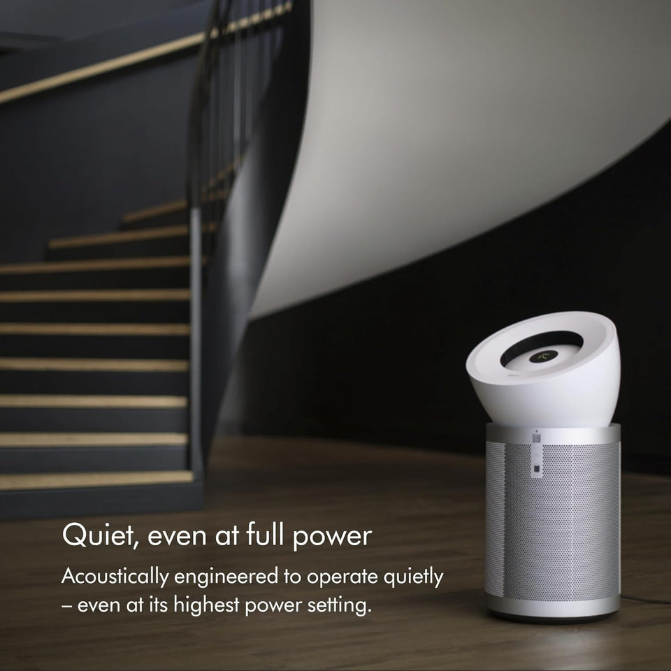 Dyson Big+Quiet BP02 air purifier on a wooden floor near a dark staircase with the text 'Quiet, even at full power'