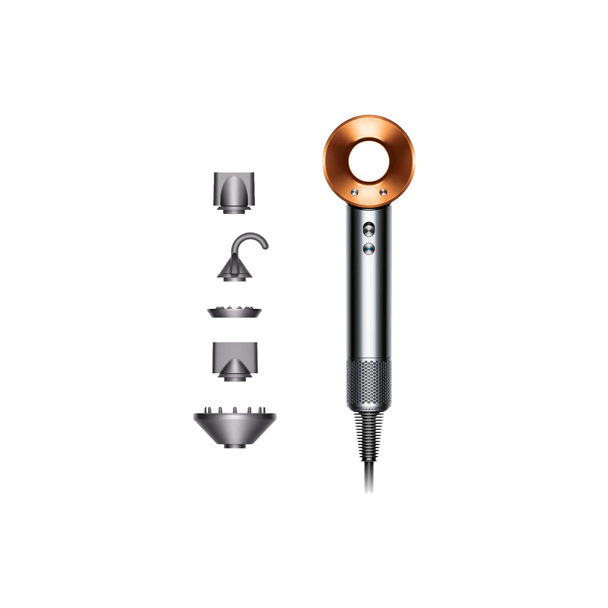 Dyson Supersonic 389934-01 hair dryer in Nickel / Copper beside its five styling attachments