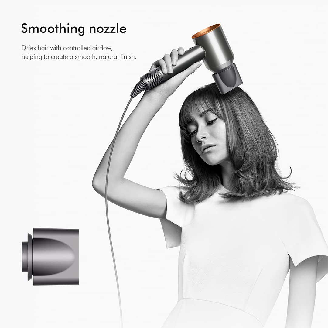 Dyson Supersonic 389934-01 hair dryer with smoothing nozzle drying hair, nozzle shown separately