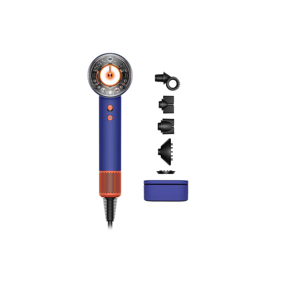 Dyson Supersonic Nural 515160-01 Vinca Blue hair dryer with its five attachments and storage case