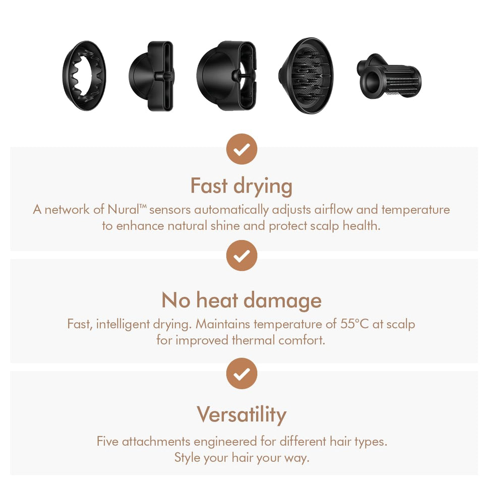 Dyson Supersonic Nural 515160-01 attachments with fast drying, no heat damage and versatility highlights