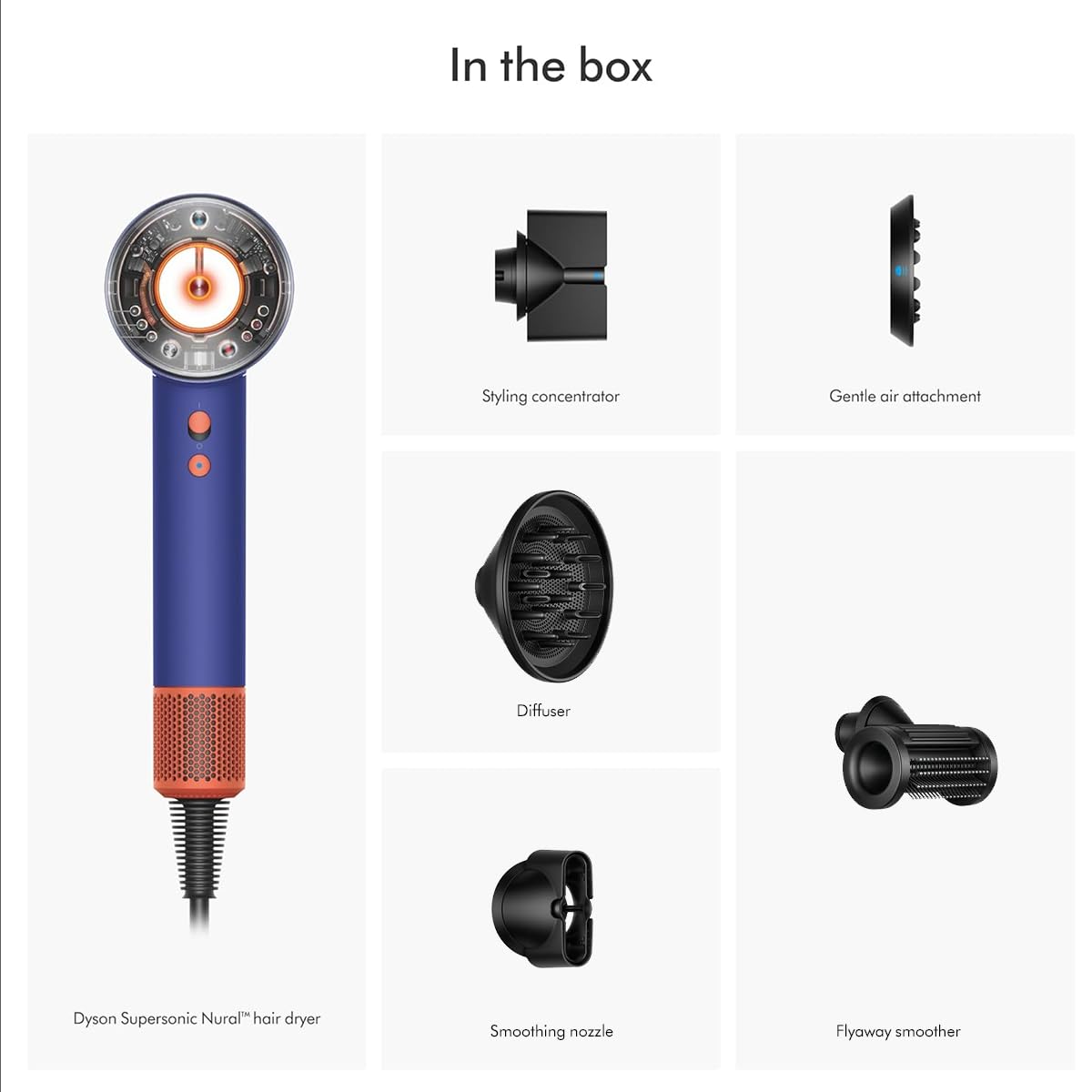 Dyson Supersonic Nural 515160-01 in the box: dryer, styling concentrator, gentle air attachment, diffuser, smoothing nozzle and flyaway smoother