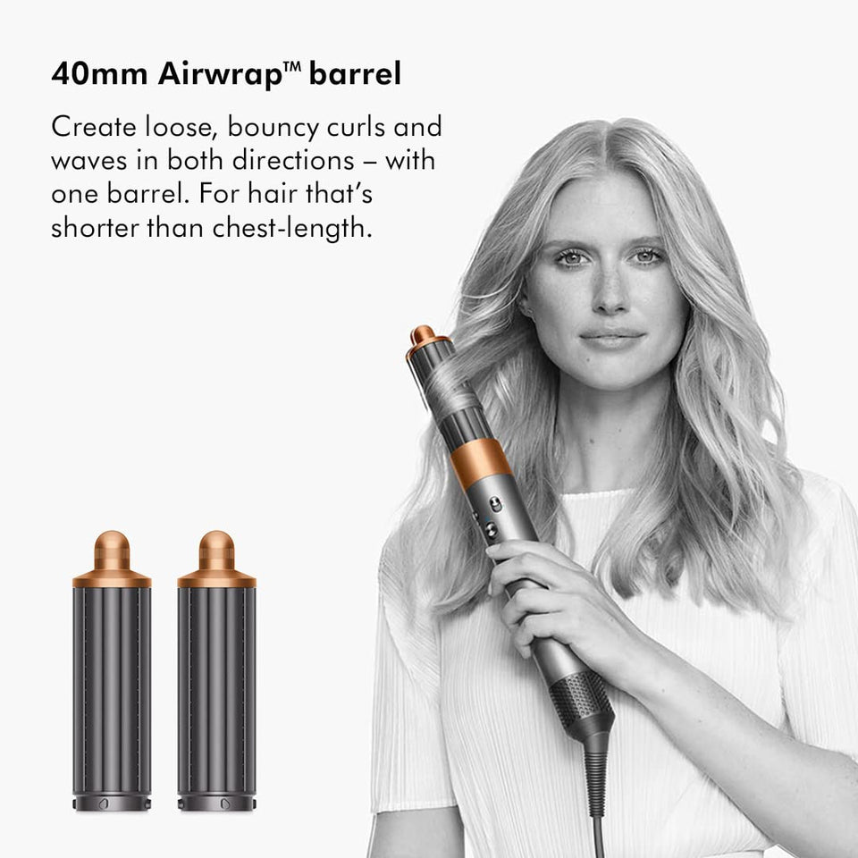 Dyson Airwrap 400706-01 with 40mm Airwrap barrel creating loose waves, with two barrels shown