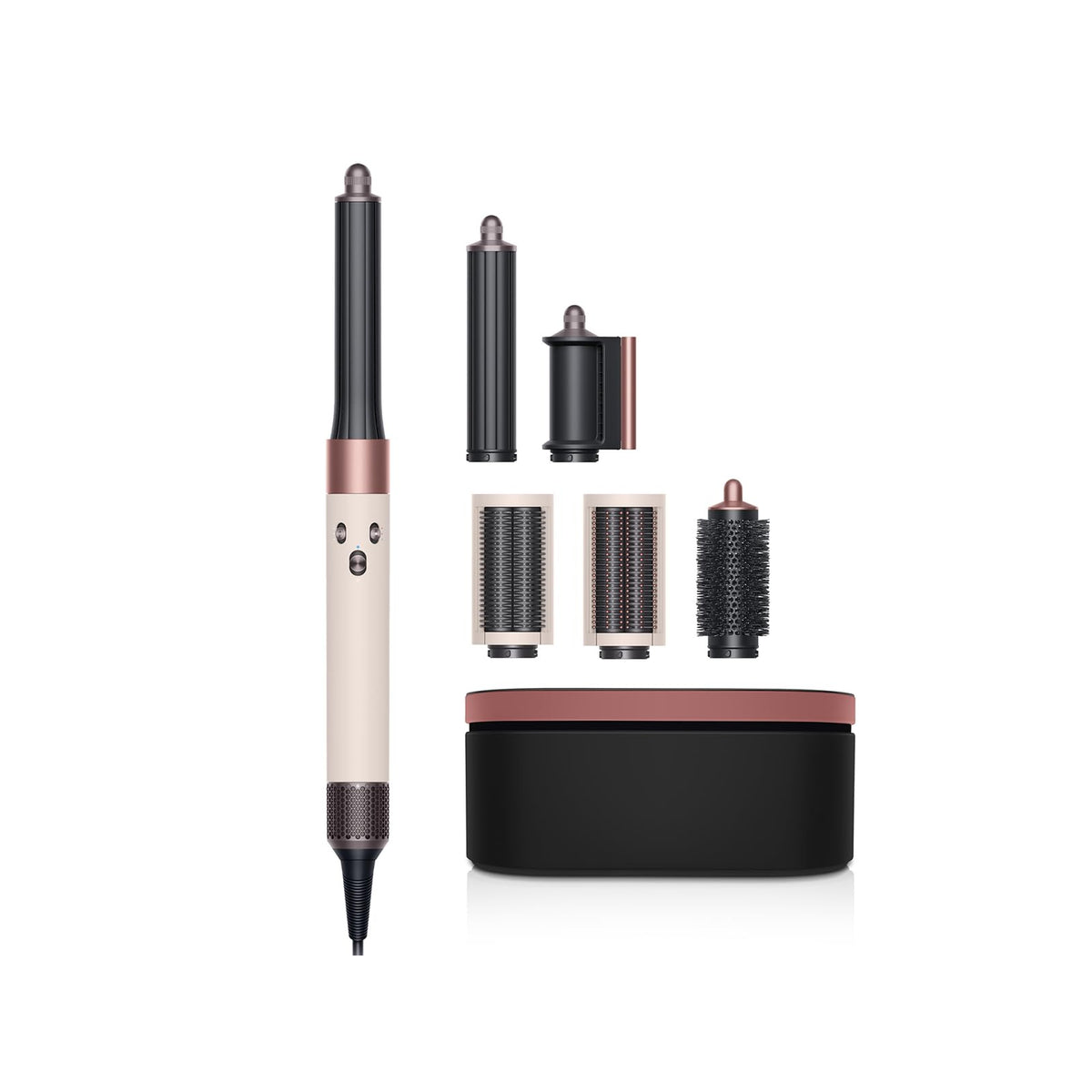 Dyson Airwrap 560460-01 multi-styler in Ceramic Pink & Rose Gold with its six attachments and black storage case on a white background
