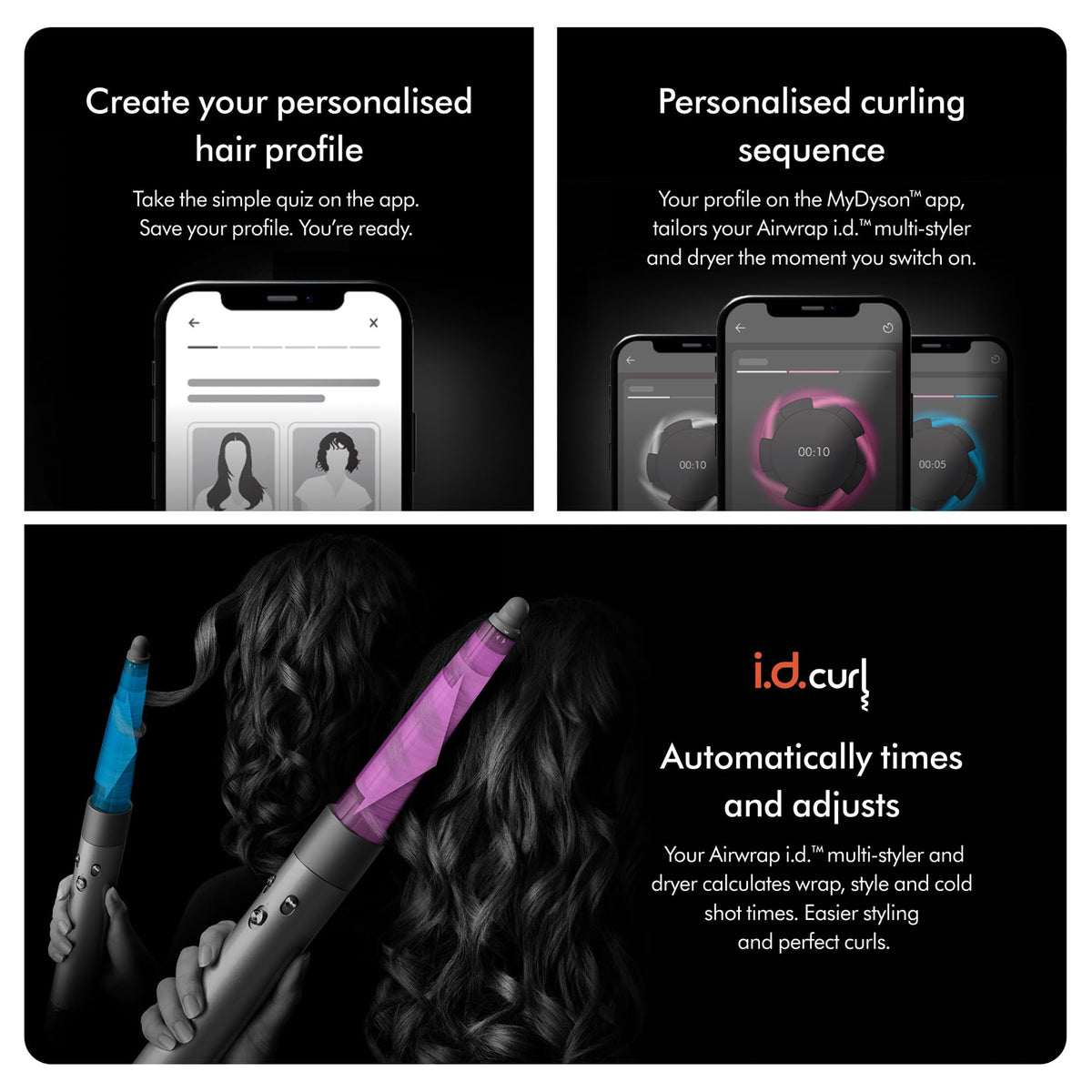 Dyson Airwrap i.d. 533801-01 app steps: hair profile quiz, personalised curling sequence and automatic timing with i.d.curl